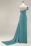 Green One Shoulder Ruched Sheath Long Prom Dress with Slit