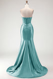 Champagne Sweetheart Beaded Mermaid Corset Ruched Long Prom Dress with Slit