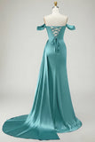 Golden Mermaid Off the Shoulder Beaded Pleated Satin Long Prom Dress with Slit