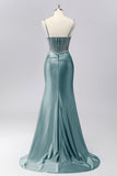 Sparkly Grey Blue Spaghetti Straps Mermaid Satin Prom Dress with Rhinestones