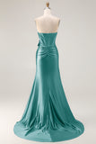 Navy Mermaid Strapless Corset Ruched Beaded Long Prom Dress with Bow