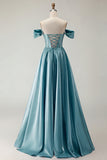 Off The Shoulder A Line Beaded Satin Purple Long Prom Dress with Slit