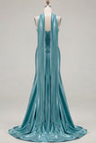 Blue Mermaid Corset Sweetheart Two Piece Long Satin Prom Dress with a Neck Scarf