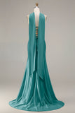 Champagne Two Piece Strapless Mermaid Beaded Convertible Long Prom Dress with a Neck Scarf