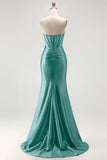Red Strapless Mermaid Corset Beaded Ruched Satin Long Prom Dress with Slit
