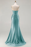 Dark Green Strapless Mermaid Corset Beaded Long Prom Dress with Slit