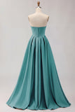 Golden Strapless Satin A-Line Corset Long Prom Dress