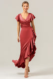 Olive A Line V Neck Satin Asymmetrical Bridesmaid Dress with Ruffle Slit