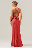 Pink Mermaid V Neck Ruched Satin Long Bridesmaid Dress with Lace Up Back