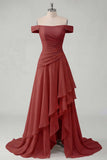 Off the Shoulder Chiffon Butter Yellow A-Line Ruched Maxi Dress with Slit