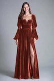 Burgundy Velvet Square Neck A Line Formal Dress with Slit