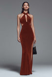 Dark Green Velvet Halter Sheath Long Formal Dress with Slit