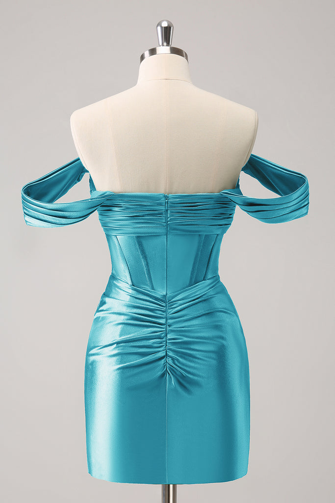 Green satin tube top slim waist irregular skirt short skirt homecoming dress R3536 main image 0