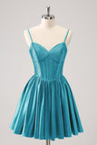 Dark Green A-Line Spaghetti Straps Corset Pleated Homecoming Dress