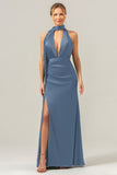 Blue White Flower Deep V Neck Streamer Backless Long Bridesmaid Dress with Slit