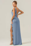 Lime Sheath Deep V Neck Backless Long Bridesmaid Dress with Ruffle Slit