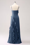 Tahiti Spaghetti Straps Chiffon Long Bridesmaid Dress with Ruffles