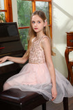 Pink A Line Round Neck Sequins Girl Party Dress with Appliques