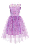 Purple A Line Round Neck Print Floral Girl Dress