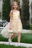 Yellow A Line Round Neck Print Floral Girl Dress