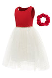 Red White A Line Round Neck Asymmetrical Flower Girl Dress