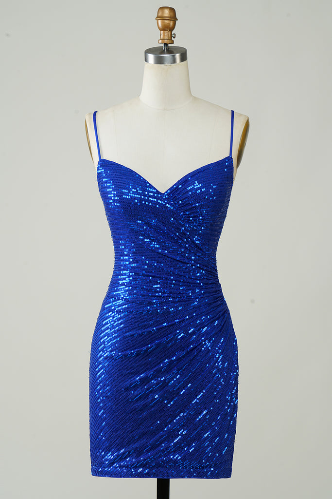 Zapaka Women Royal Blue Sequins Short Homecoming Dress Sparkly Bodycon