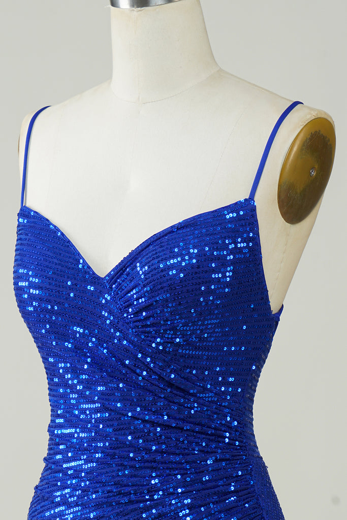 Sparkly Royal Blue Spaghetti Straps Tight Homecoming Dress with Beading