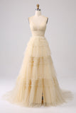 Beige A Line Spaghetti Straps Long Prom Dress with Ruffles