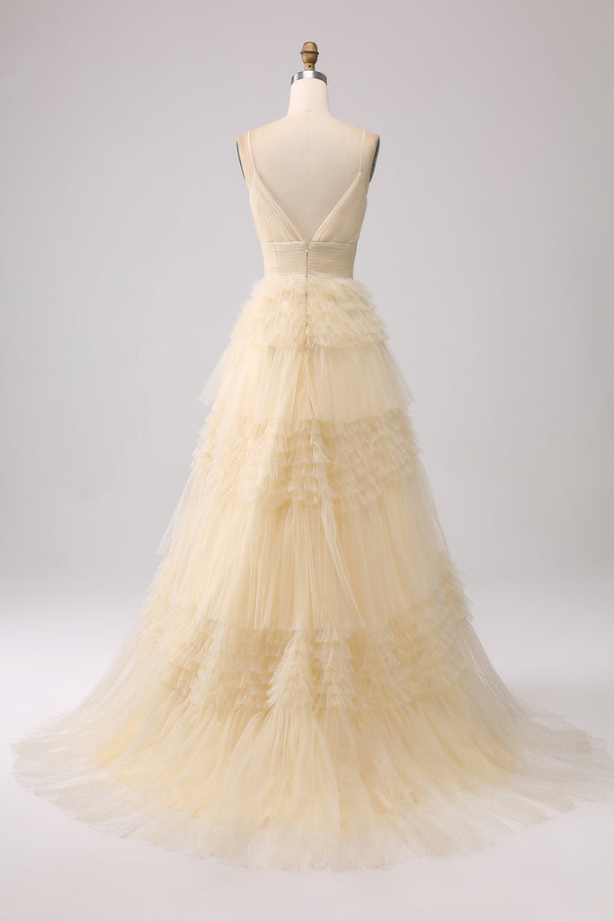 Navy A Line Spaghetti Straps Tiered Lace Long Prom Dress