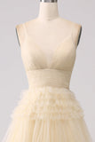 Beige A Line Spaghetti Straps Long Prom Dress with Ruffles