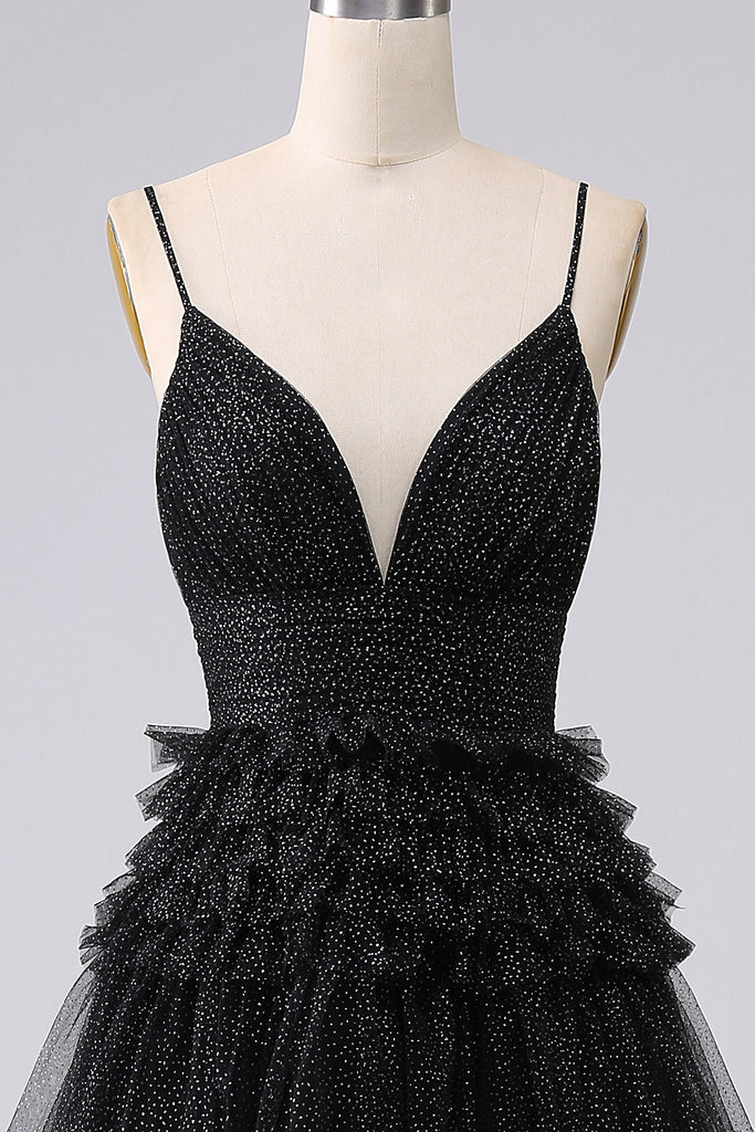 Black A Line Long Spaghetti  Straps Formal Dress with Ruffles