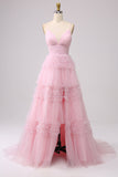 A Line Spaghetti Straps Light Pink Long Prom Dress with Ruffles