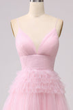 A Line Spaghetti Straps Light Pink Long Prom Dress with Ruffles