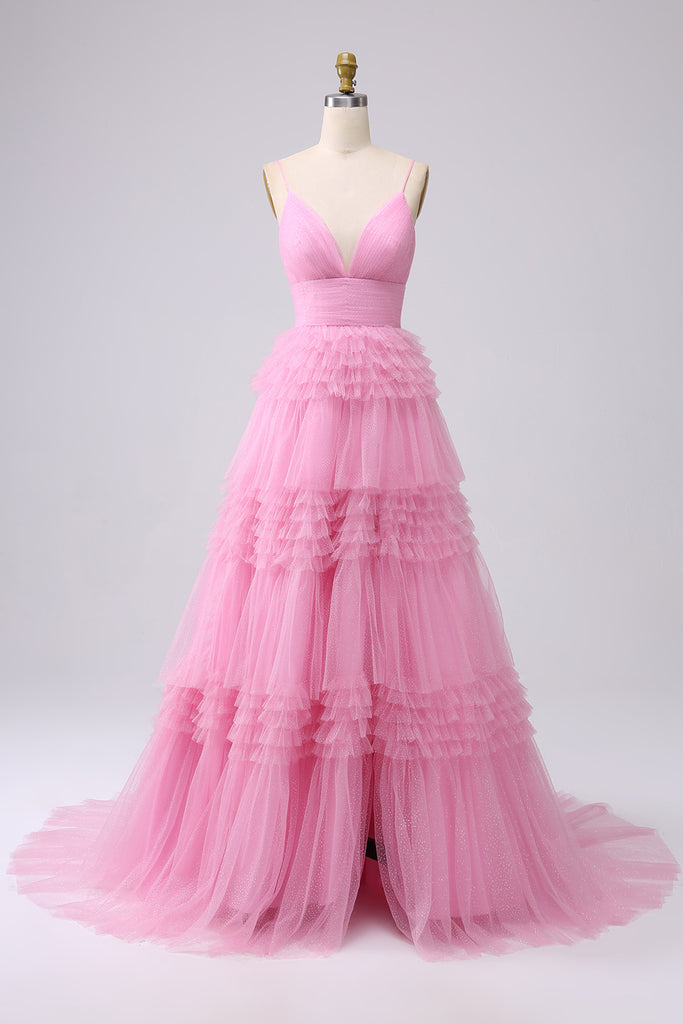Women Spaghetti Strap A-line Ruffles Pink Evening Dresses main image 0