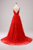 Red A Line Spaghetti Straps Long Prom Dress with Ruffles