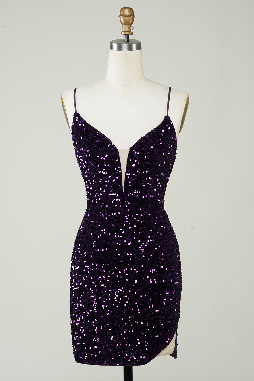 Sparkly Purple Sequins Backless Tight Short Homecoming Dress with Slit