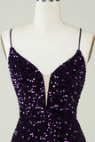 Sparkly Purple Sequins Backless Tight Short Homecoming Dress with Slit