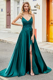 Peacock Green A-Line Spaghetti Straps Long Prom Dress with Slit