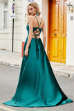Peacock Green A-Line Spaghetti Straps Long Prom Dress with Slit