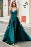 Peacock Green A-Line Spaghetti Straps Long Prom Dress with Slit