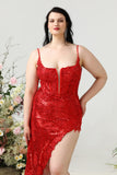 Mermaid Spaghetti Straps Red Sequins Plus Size Prom Dress with Split Front