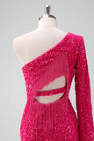 Sparkly Fuchsia One Shoulder Sequin Tight Short Homecoming Dress with Fringe