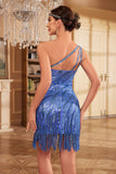Sparkly Sheath One Shoulder Blue Sequins 1920s Dress