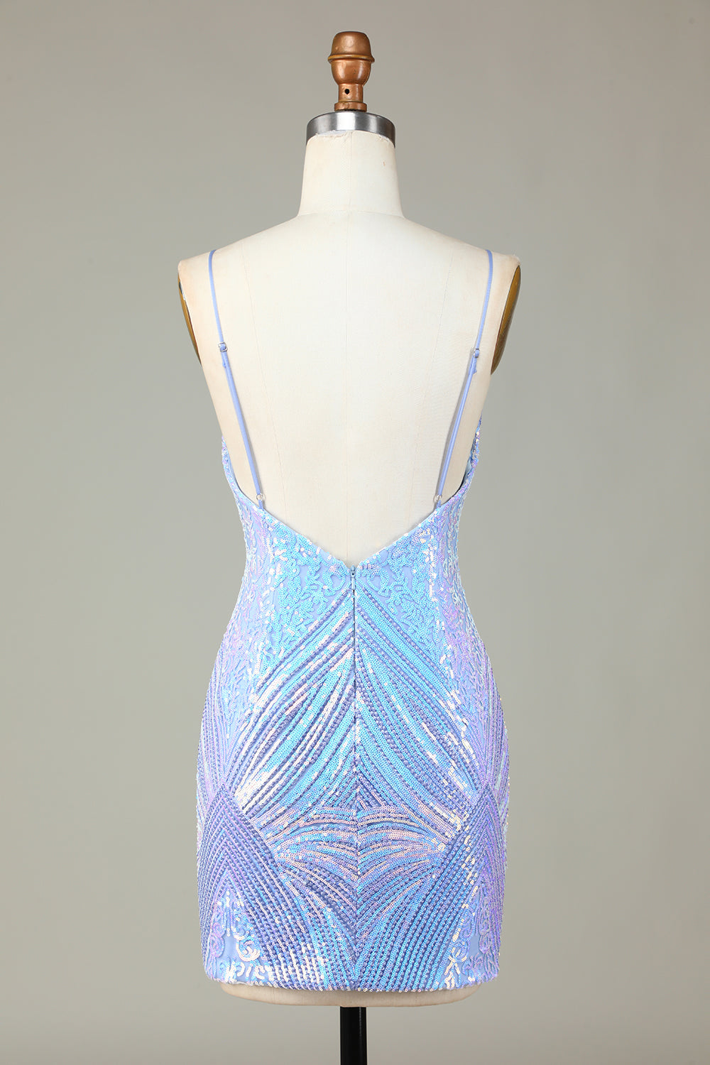 Sparkly Sheath Spaghetti Straps Blue Sequins Short Homecoming Dress with Backless