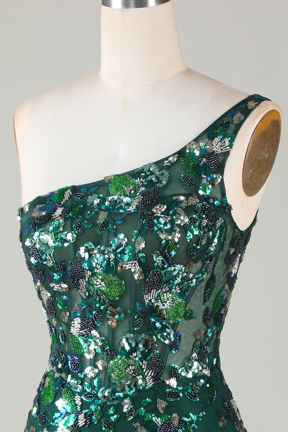 Bodycon One Shoulder Dark Green Sequins Short Homecoming Dress with Feather