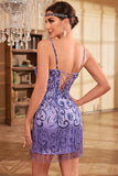 Bodycon Spaghetti Straps Purple Sequins 1920s Dress with Fringes