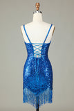 Sheath Spaghetti Straps Peacockt Blue Sequins 1920s Dress with Tassel