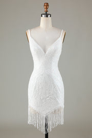 Sparkly Bodycon White Lace-Up Back Short Homecoming Dress with Beading
