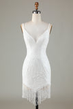 Sparkly Bodycon Spaghetti Straps White Lace-Up Back Short Homecoming Dress with Beading