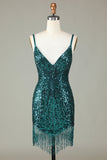 Sparkly Bodycon Spaghetti Straps Green Lace-Up Back Short Homecoming Dress with Beading
